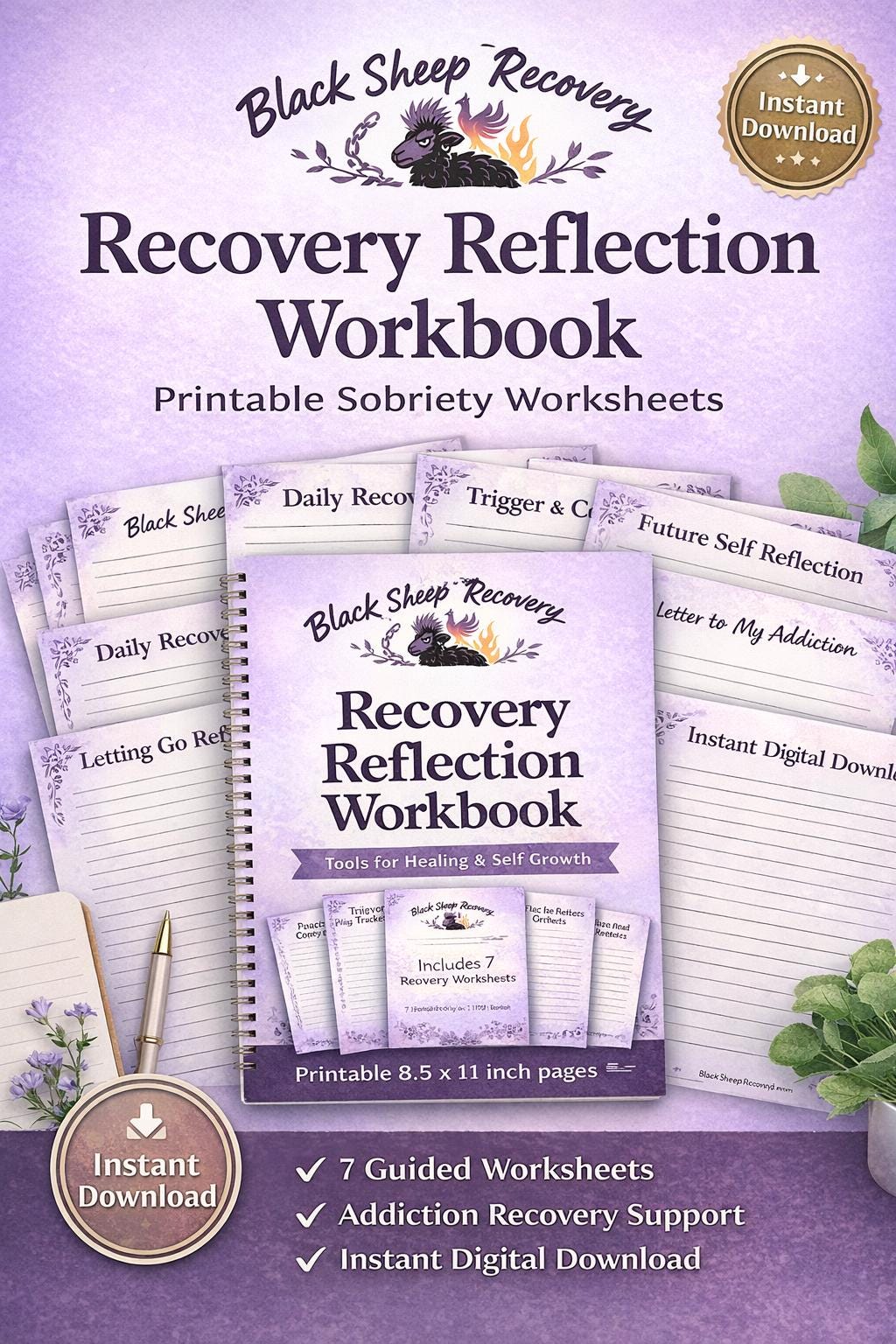 Addiction Recovery Worksheets | Sobriety Reflection Journal | Printable Recovery Workbook | Healing & Self Growth